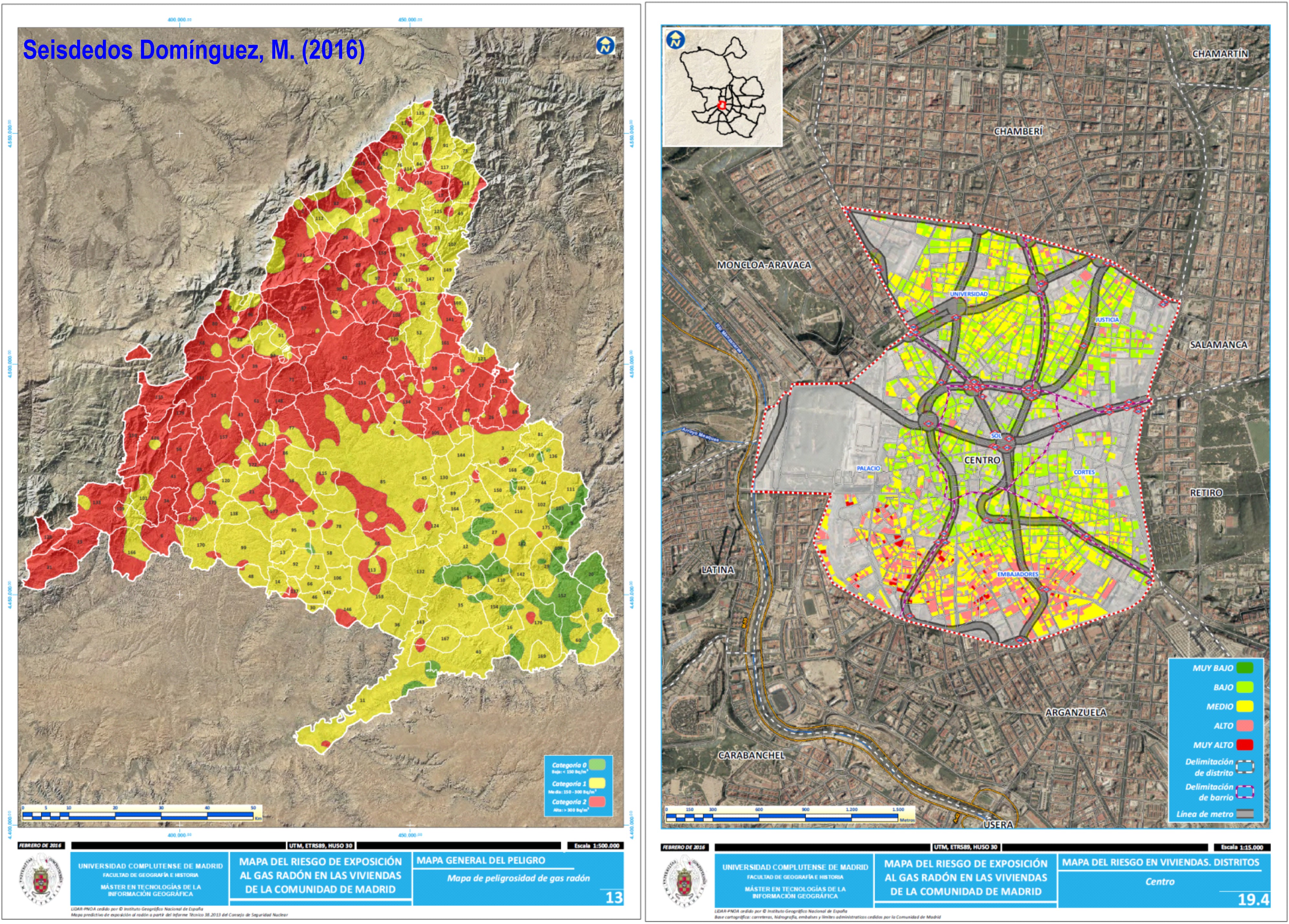 Mapa del riesgo de exposición al gas radón en las viviendas de la Comunidad de Madrid. Fuente: Seisdedos Domínguez, M. (2016). Trabajo Fin de Máster. https://eprints.ucm.es/46341/